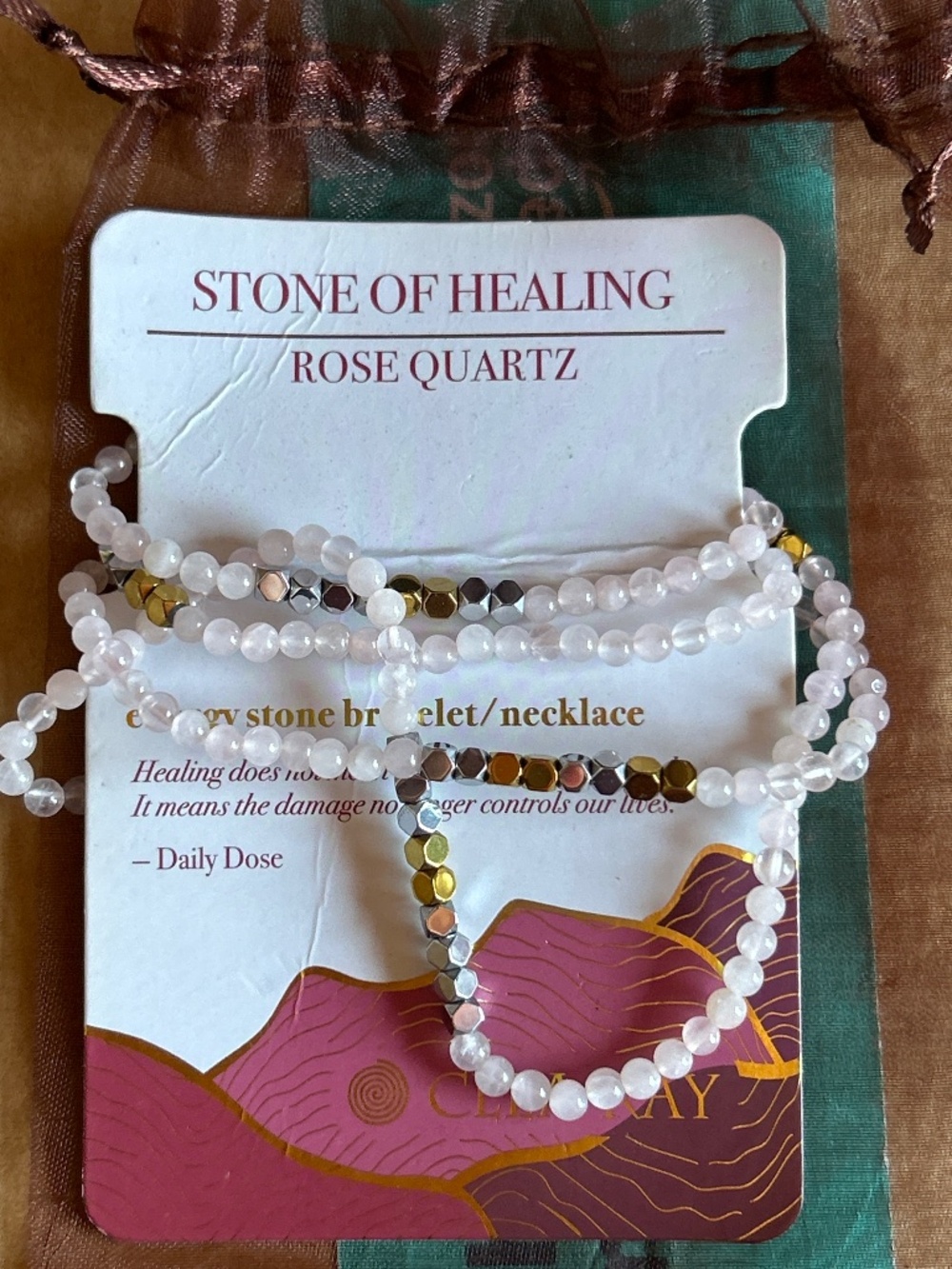 Clea Ray Rose Quartz Necklace & Bracelet Wrap 37 Inches